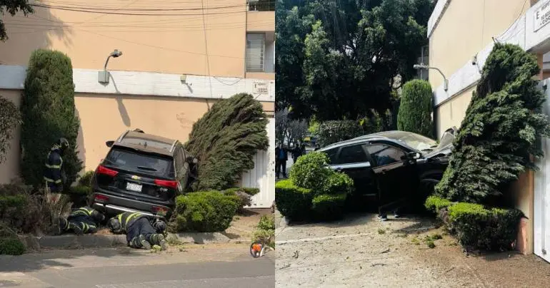 Camioneta de lujo choca contra casa en la Del Valle y deja boquete en muro